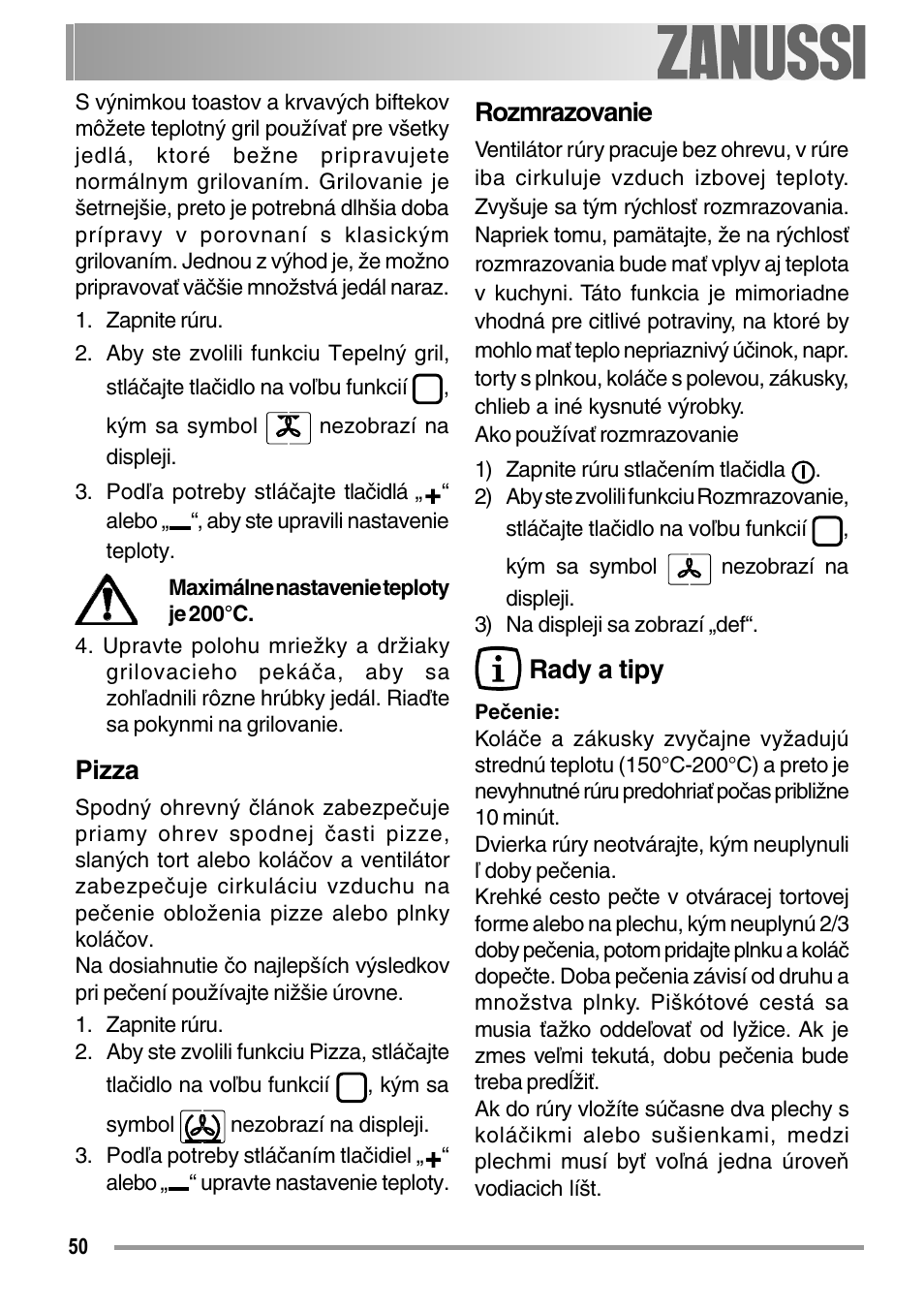 Pizza, Rozmrazovanie, Rady a tipy | Zanussi ZOB 594 User Manual | Page 50 / 72