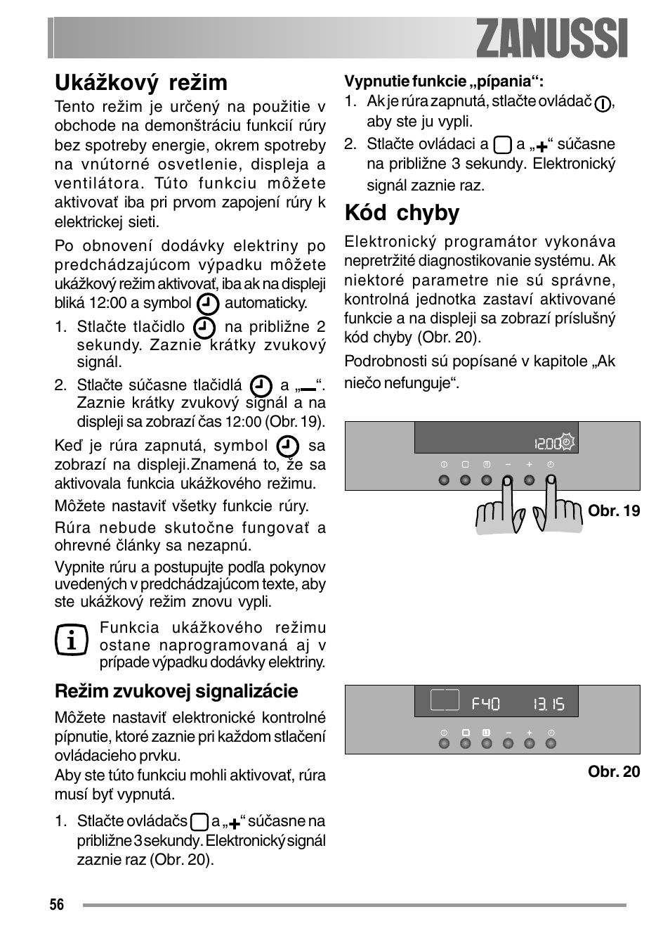 Ukážkový režim, Kód chyby, Režim zvukovej signalizácie | Zanussi ZOB 594 User Manual | Page 56 / 72