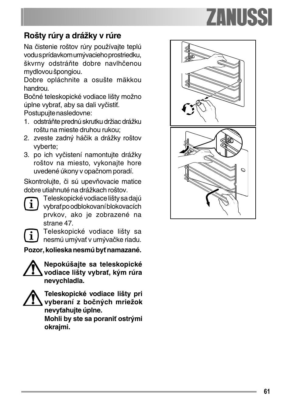 Rošty rúry a drážky v rúre | Zanussi ZOB 594 User Manual | Page 61 / 72