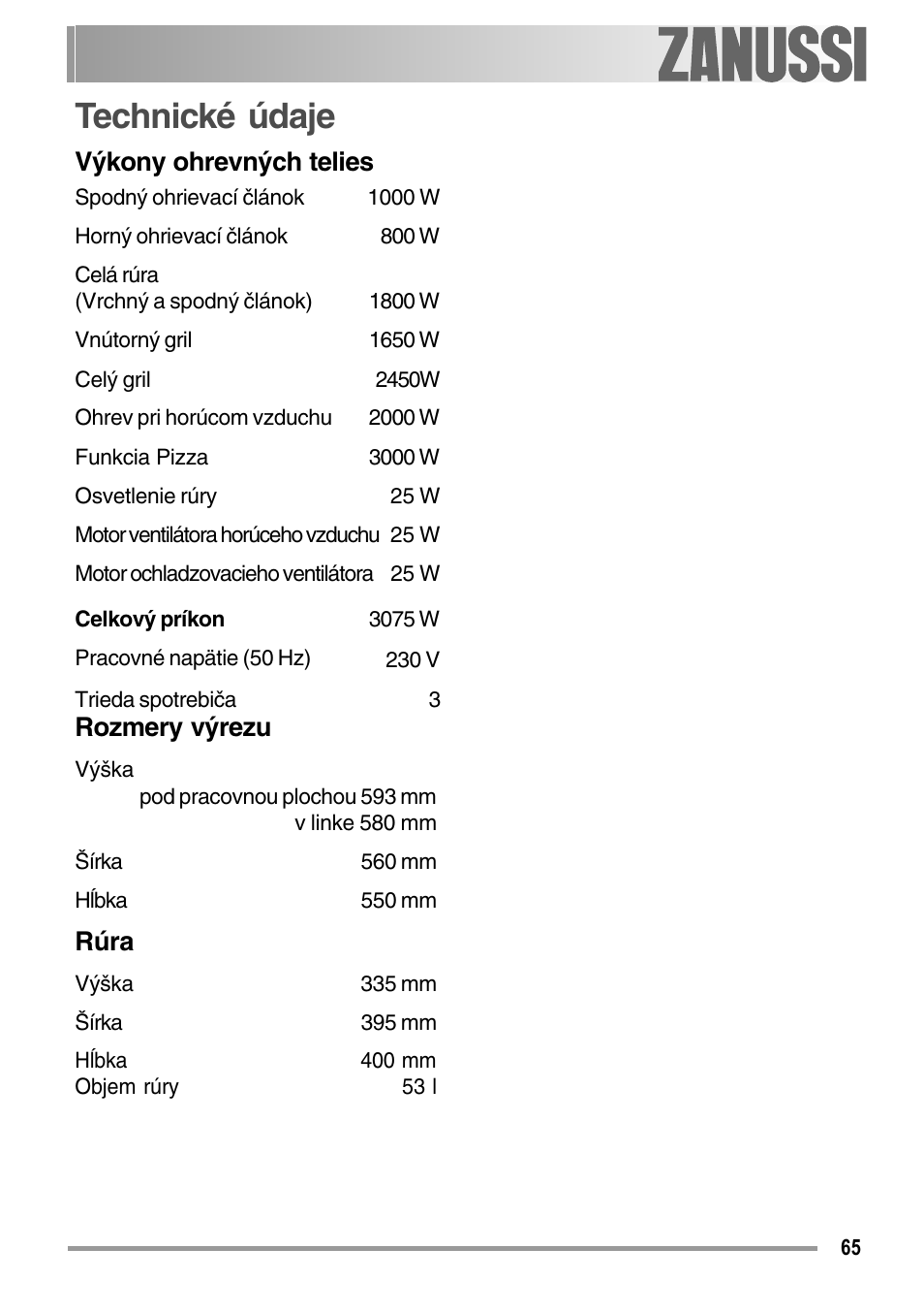 Technické údaje, Výkony ohrevných telies, Rozmery výrezu | Rúra | Zanussi ZOB 594 User Manual | Page 65 / 72