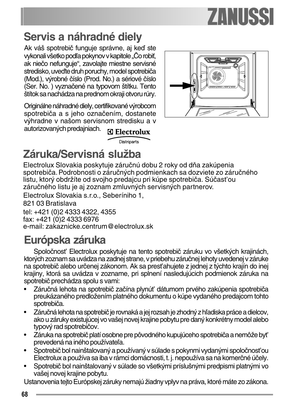 Servis a náhradné diely európska záruka, Záruka/servisná služba | Zanussi ZOB 594 User Manual | Page 68 / 72