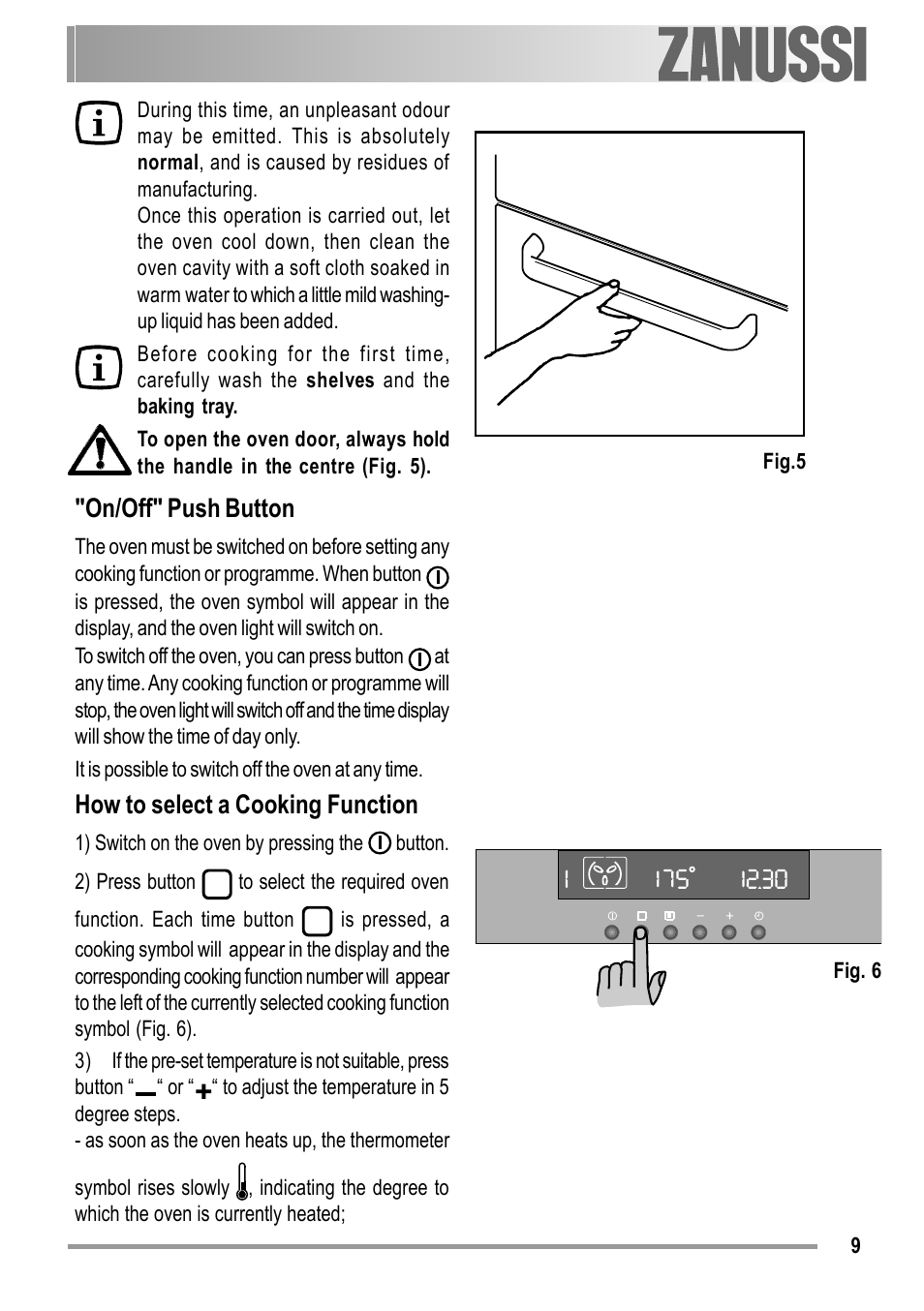 On/off" push button, How to select a cooking function | Zanussi ZOB 594 User Manual | Page 9 / 72