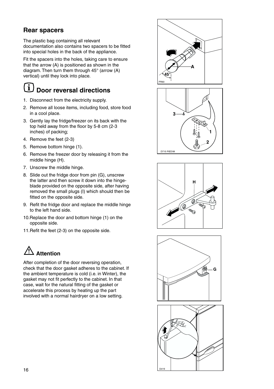 Door reversal directions, Rear spacers, Attention | Zanussi ZRB 7825 W User Manual | Page 16 / 20