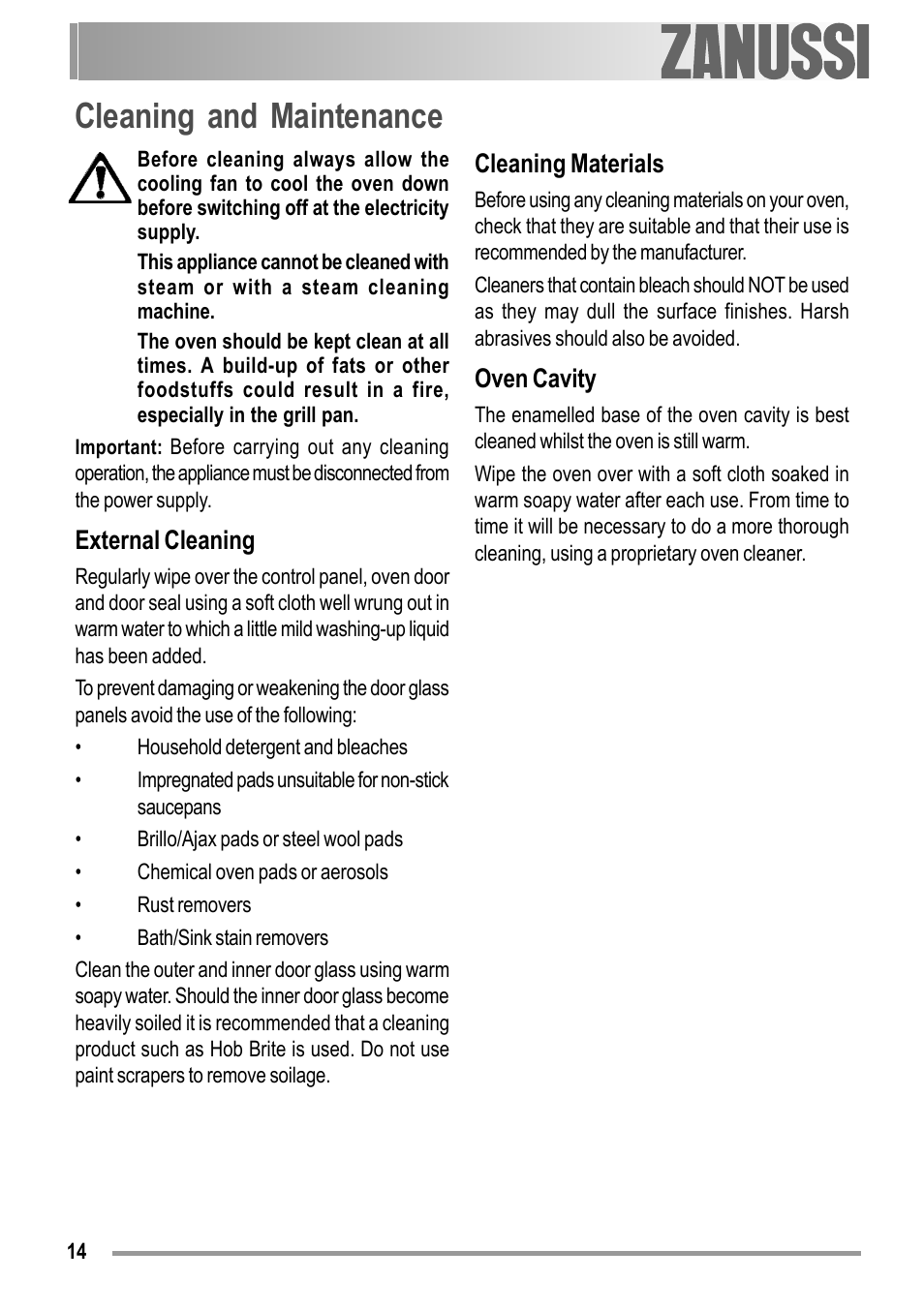Cleaning and maintenance, External cleaning, Cleaning materials | Oven cavity | Zanussi ZOB 150 User Manual | Page 14 / 24