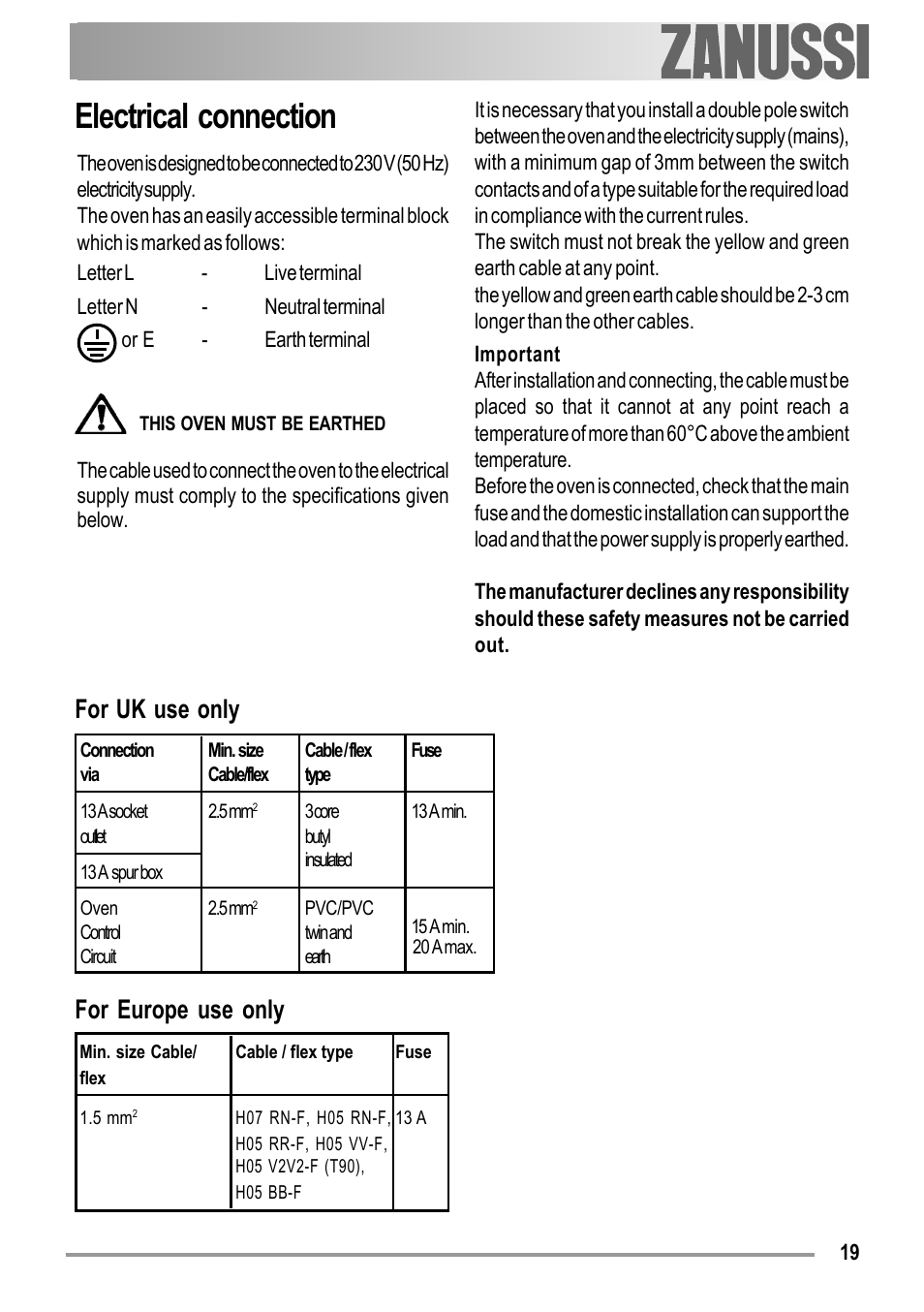 Electrical connection, For europe use only, For uk use only | Zanussi ZOB 150 User Manual | Page 19 / 24