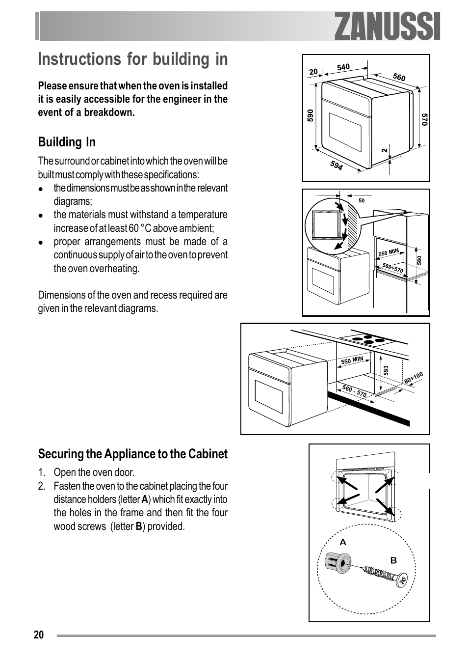 Instructions for building in, Building in, Securing the appliance to the cabinet | Zanussi ZOB 150 User Manual | Page 20 / 24