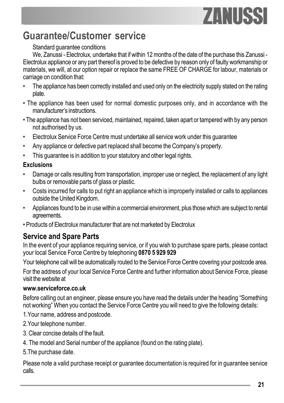 Guarantee/customer service, Service and spare parts | Zanussi ZOB 150 User Manual | Page 21 / 24