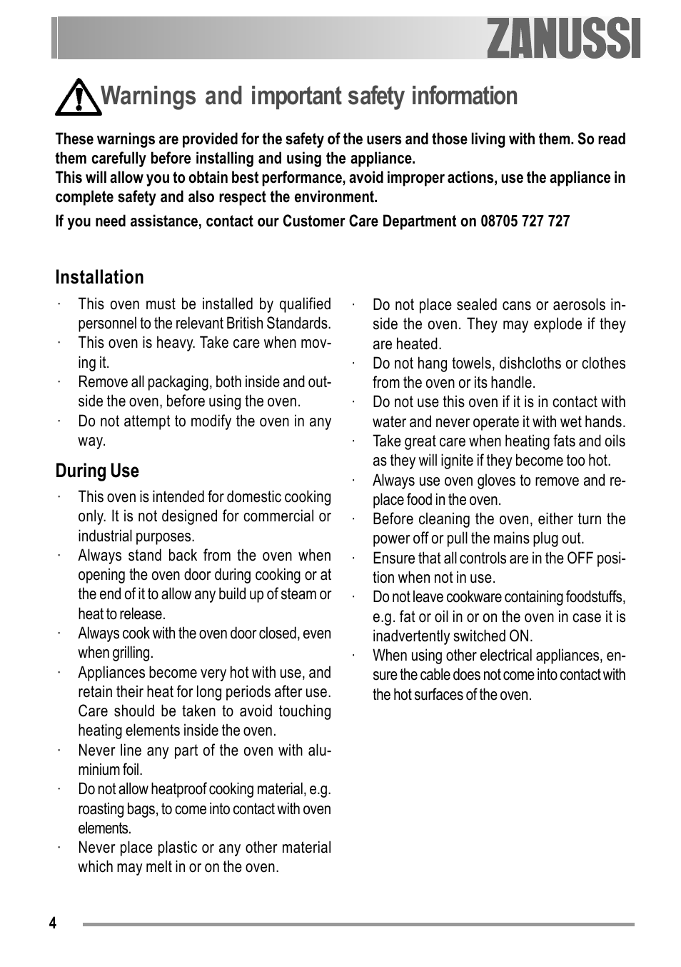 Warnings and important safety information, Installation, During use | Zanussi ZOB 150 User Manual | Page 4 / 24