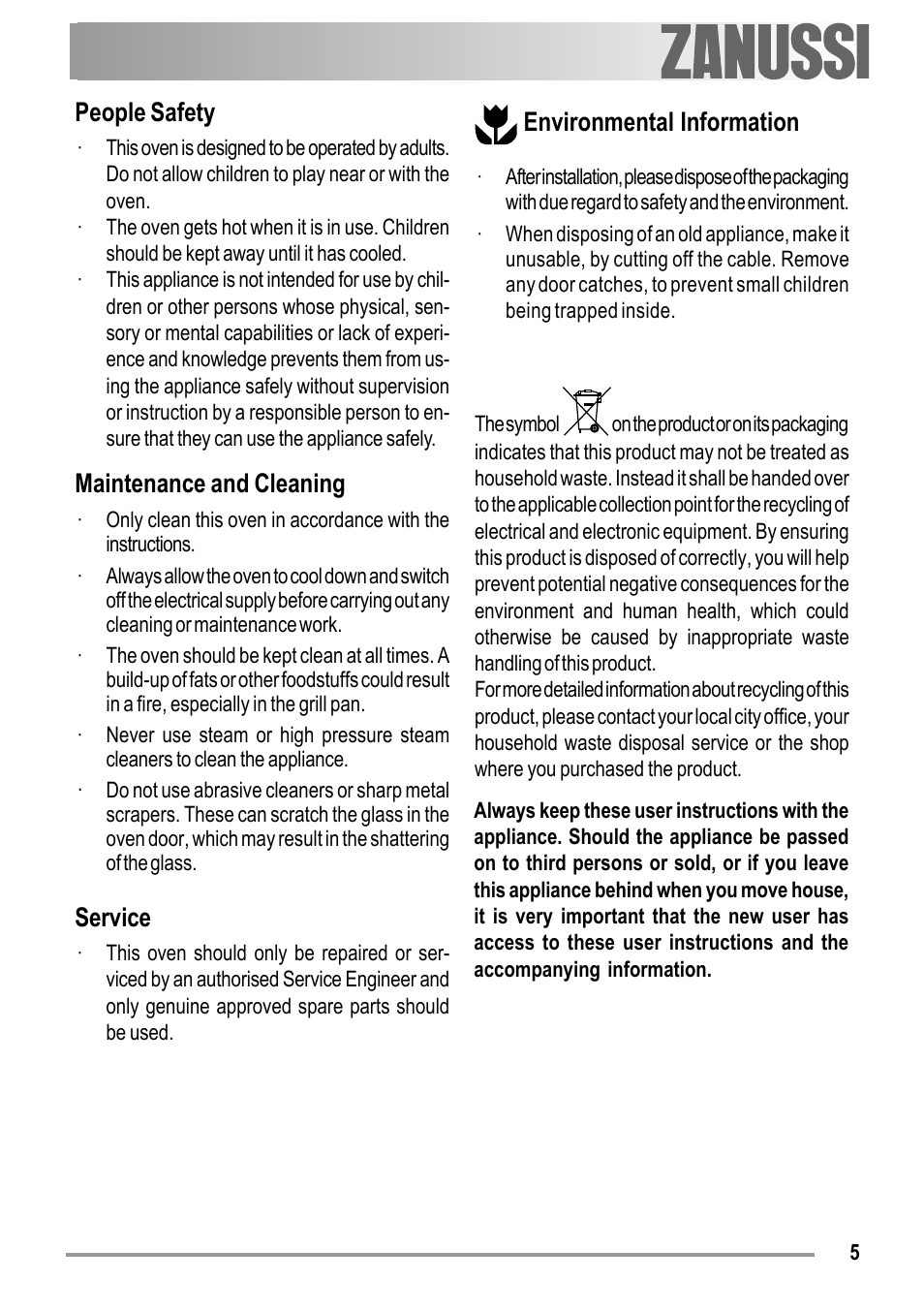 People safety, Maintenance and cleaning, Service | Environmental information | Zanussi ZOB 150 User Manual | Page 5 / 24