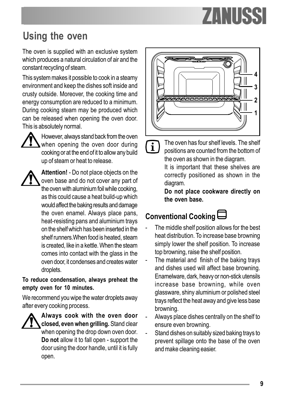 Using the oven, Conventional cooking | Zanussi ZOB 150 User Manual | Page 9 / 24