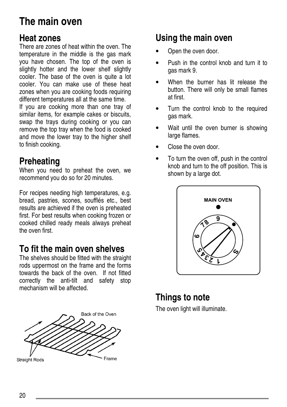 The main oven, Heat zones, Preheating | Using the main oven | Zanussi ZCG 7691 User Manual | Page 20 / 44