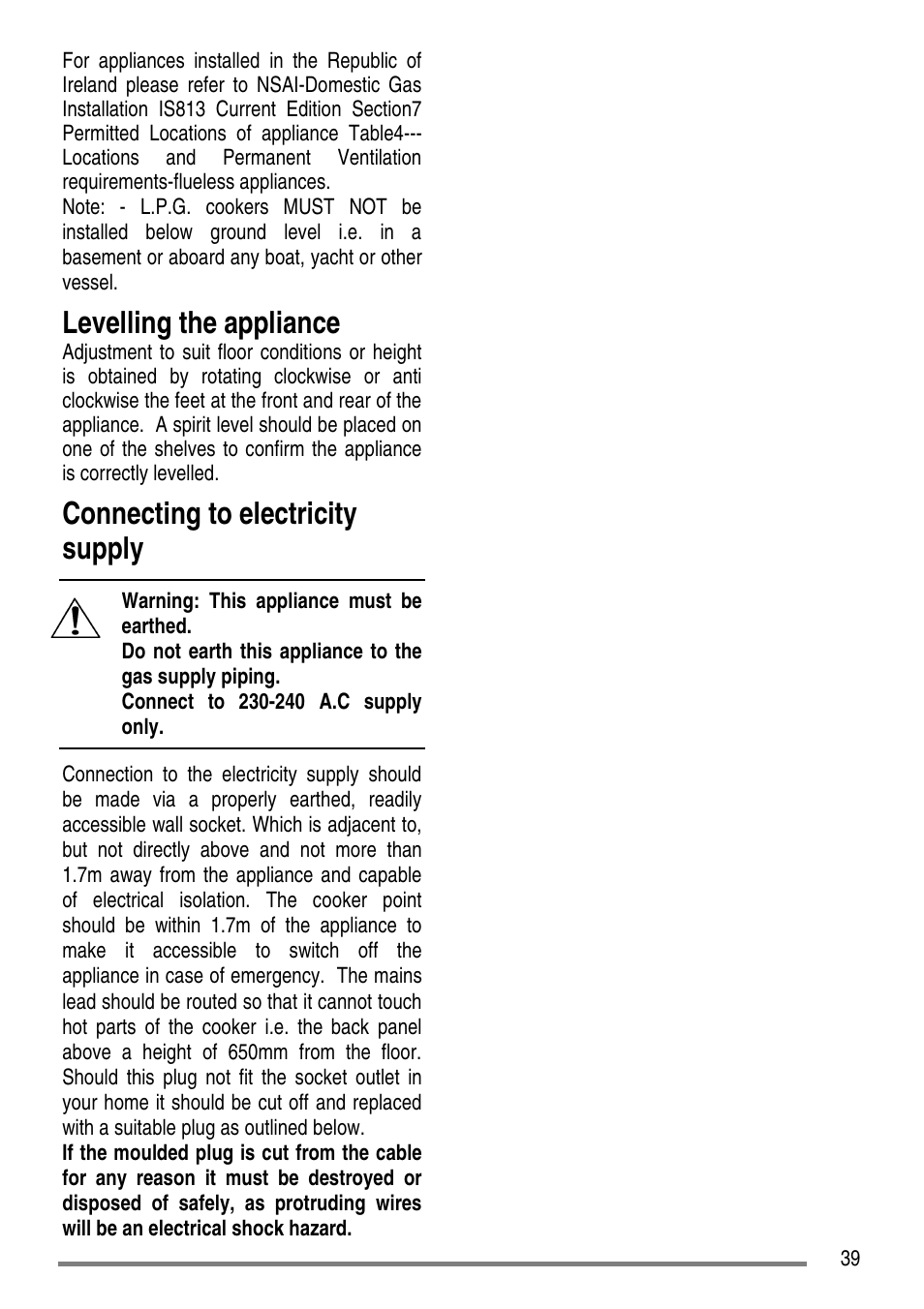 Levelling the appliance, Connecting to electricity supply | Zanussi ZCG 7691 User Manual | Page 39 / 44