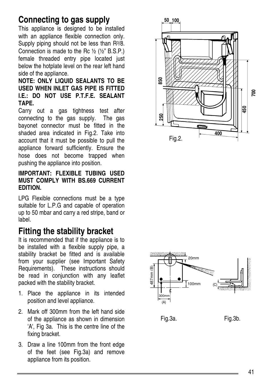 Connecting to gas supply, Fitting the stability bracket | Zanussi ZCG 7691 User Manual | Page 41 / 44