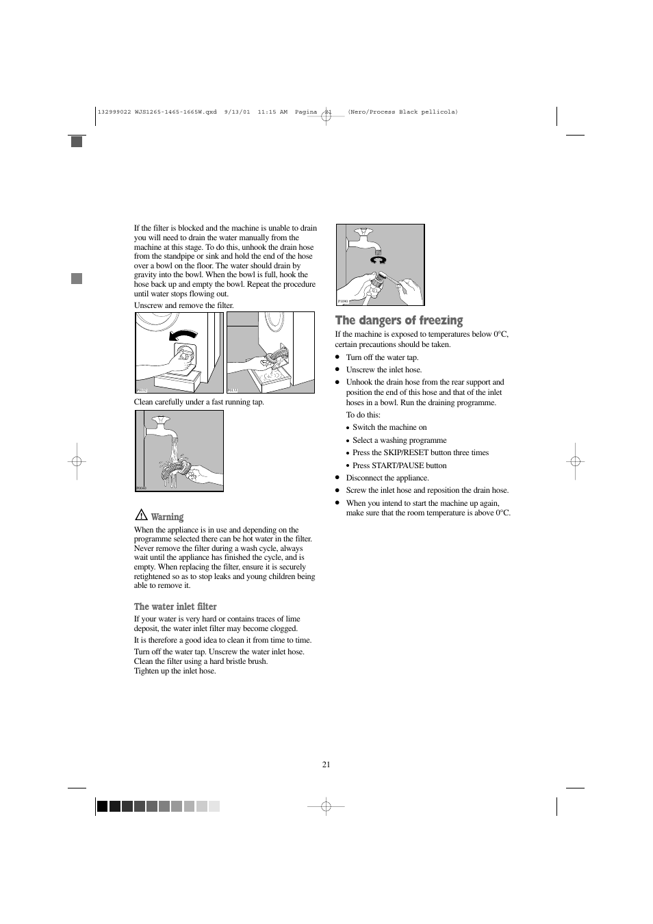 The dangers of freezing, Warning, The water inlet filter | Zanussi WJS 1665 W User Manual | Page 21 / 32