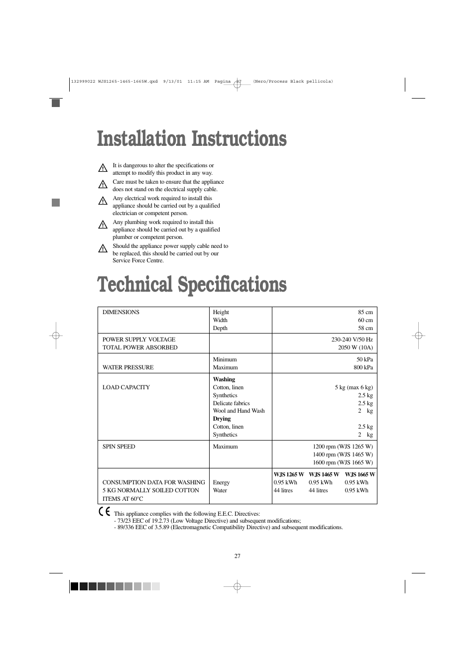 Installation instructions technical specifications | Zanussi WJS 1665 W User Manual | Page 27 / 32