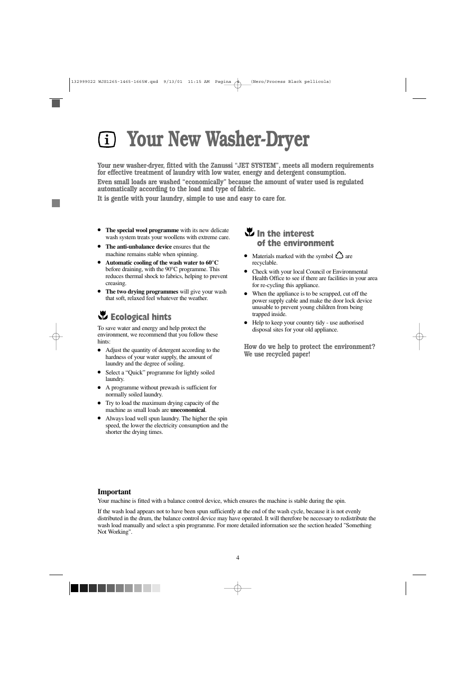 Your new washer-dryer, Ecological hints | Zanussi WJS 1665 W User Manual | Page 4 / 32