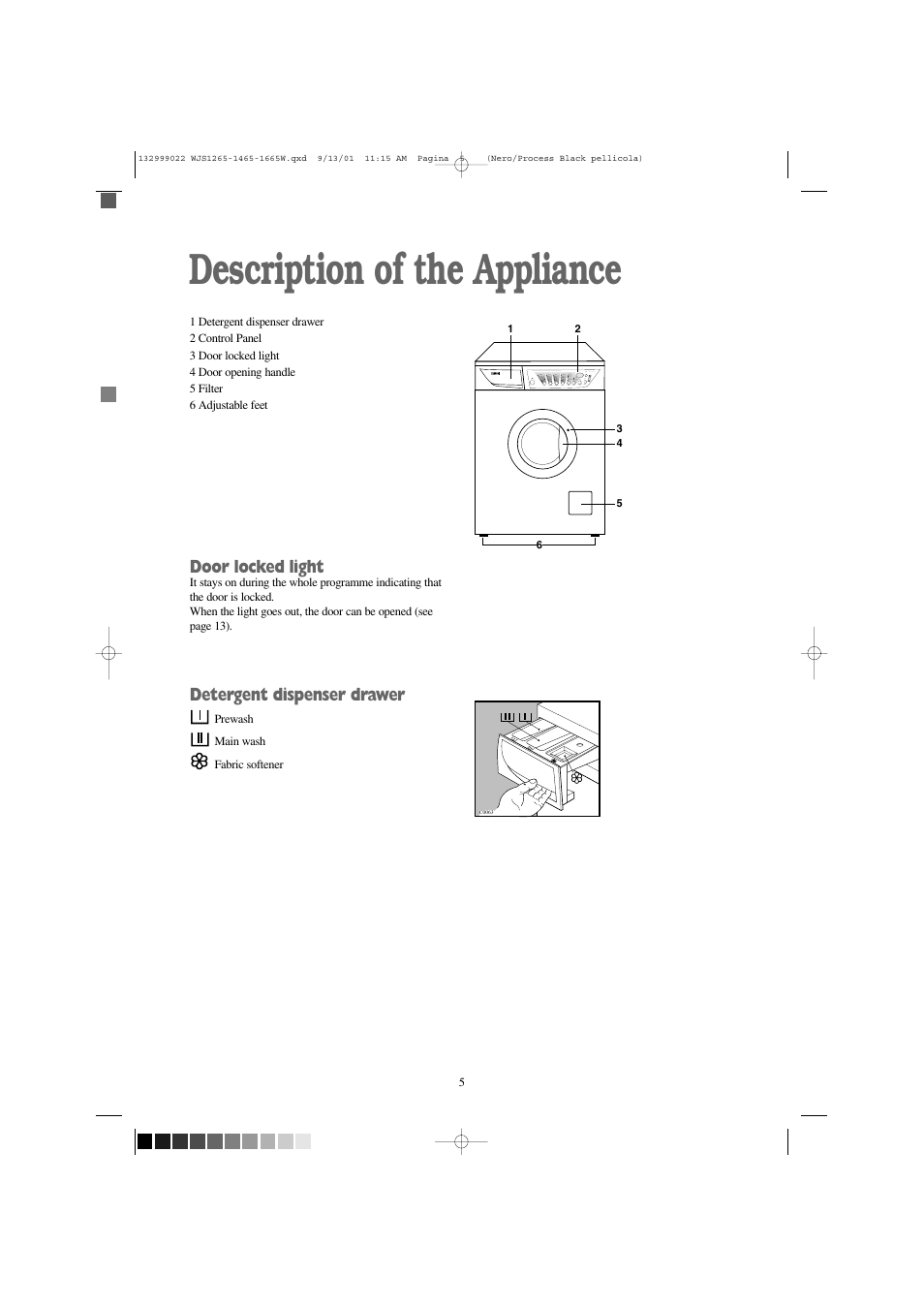 Description of the appliance, Door locked light, Detergent dispenser drawer | Zanussi WJS 1665 W User Manual | Page 5 / 32