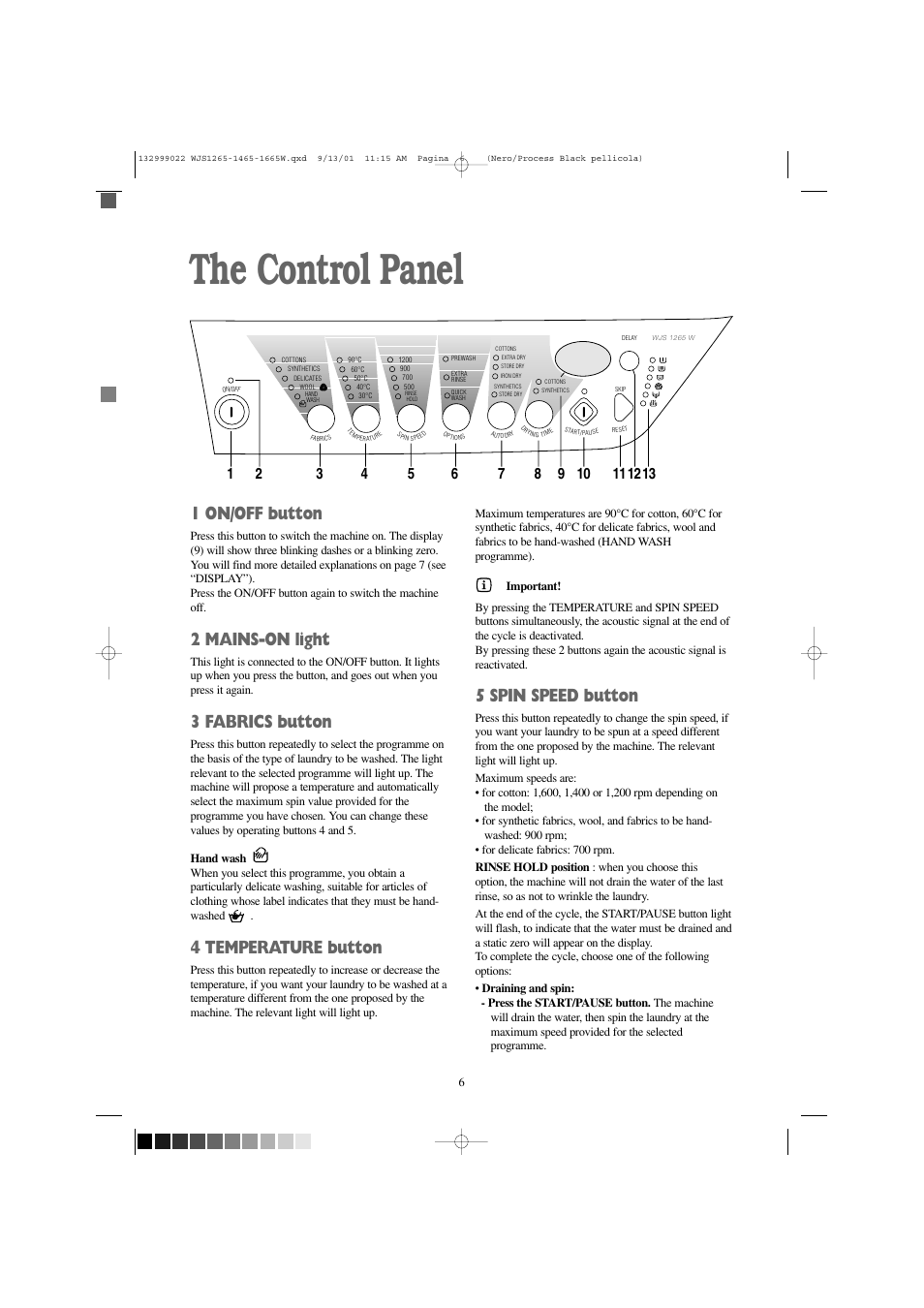 The control panel, 5 spin speed button, 1 on/off button | 2 mains-on light, 3 fabrics button, 4 temperature button | Zanussi WJS 1665 W User Manual | Page 6 / 32