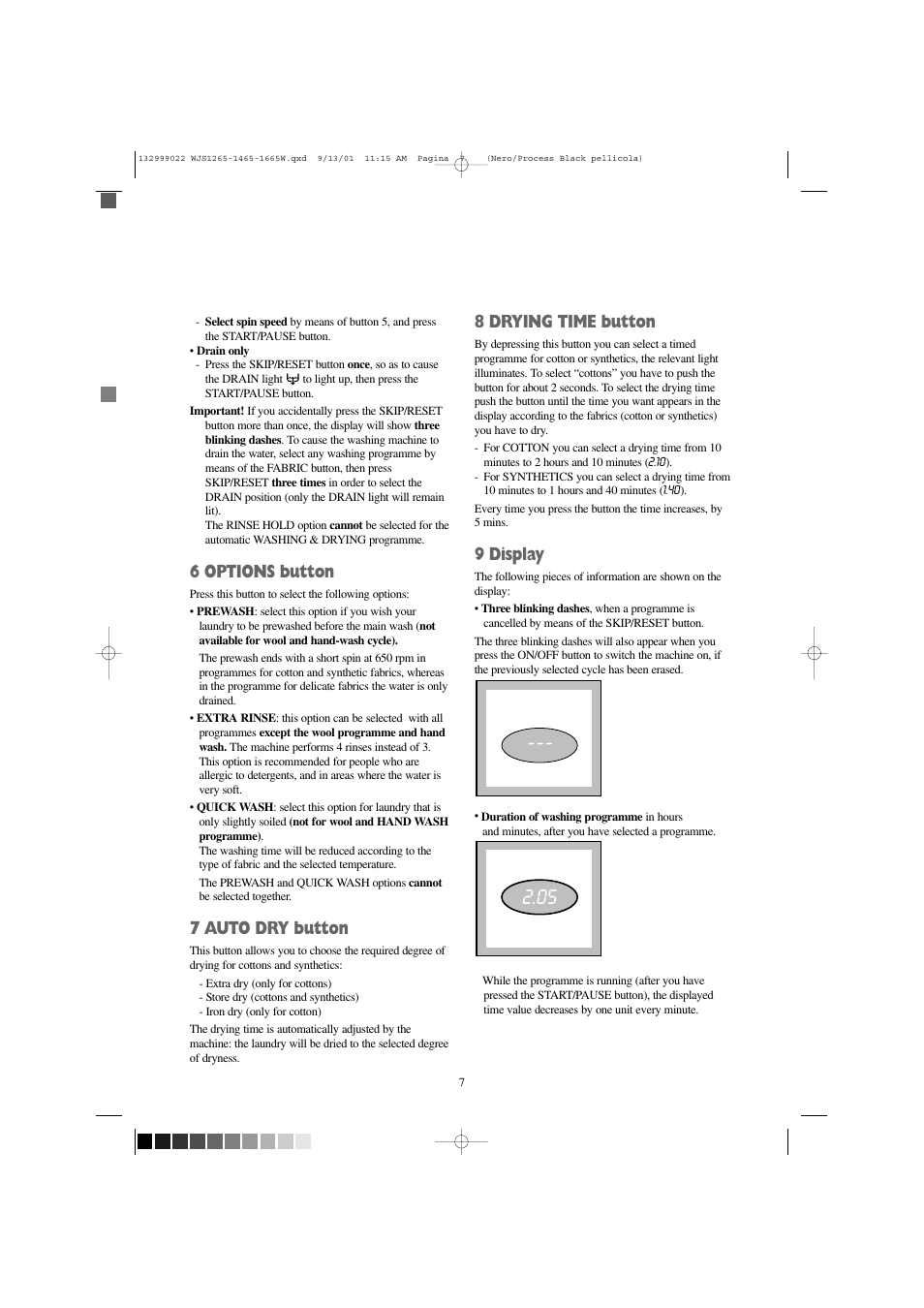 6 options button, 7 auto dry button, 8 drying time button | 9 display | Zanussi WJS 1665 W User Manual | Page 7 / 32