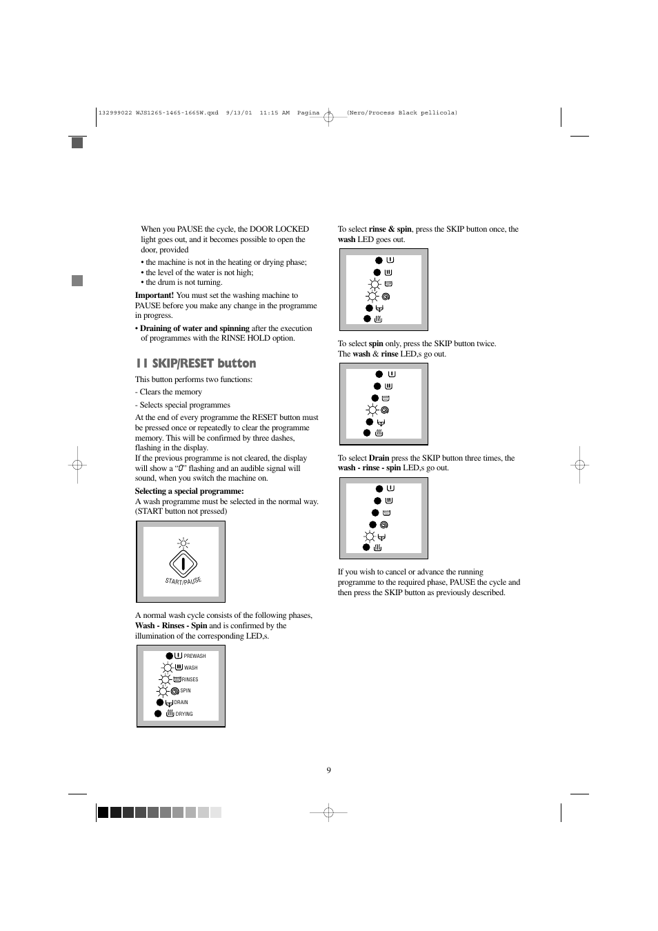 11 skip/reset button | Zanussi WJS 1665 W User Manual | Page 9 / 32