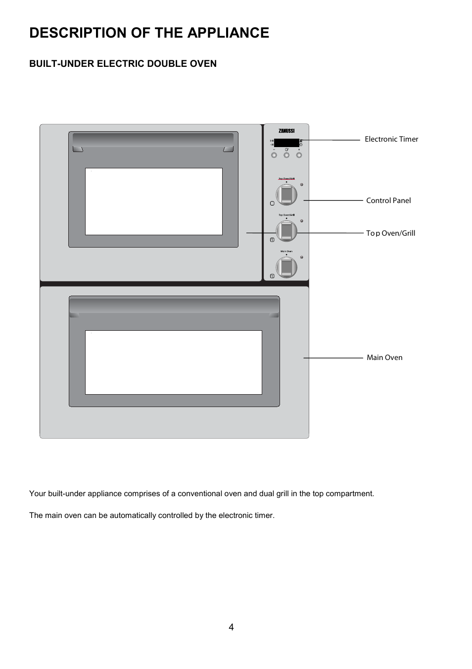 Description of the appliance | Zanussi ZOU 330 User Manual | Page 4 / 36