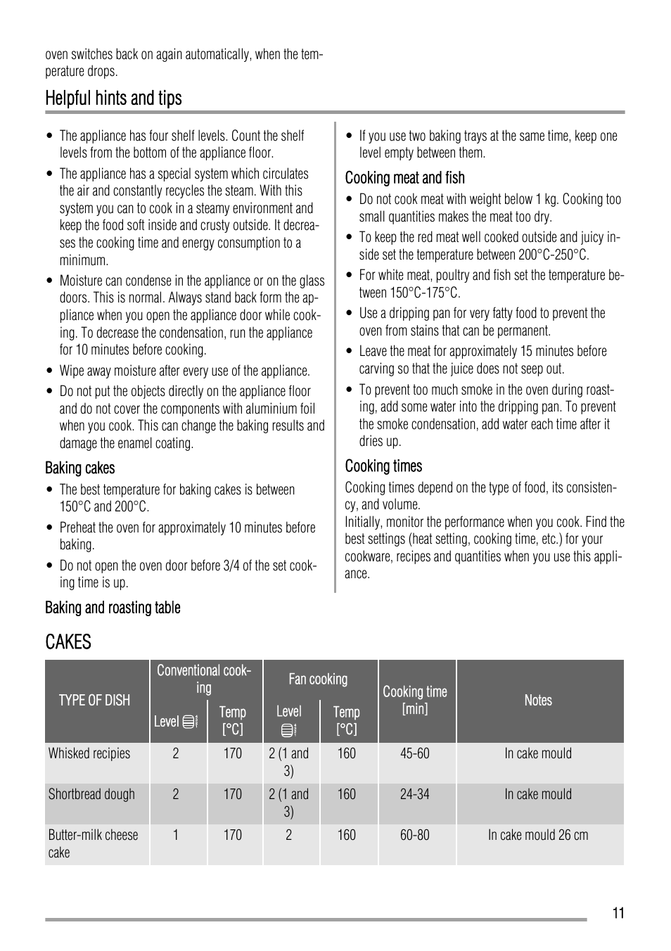 Helpful hints and tips, Cakes | Zanussi ZYB992 User Manual | Page 11 / 20