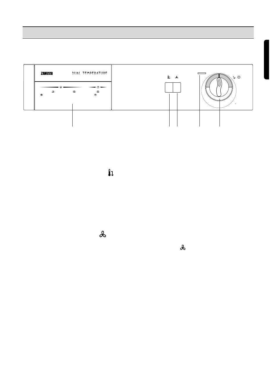 Control panel, 1 programme chart, 2 low temperature button | 3 cool tumbling button, 4 mains-on light, 5 drying time selector dial, English | Zanussi TDS 372T User Manual | Page 9 / 15