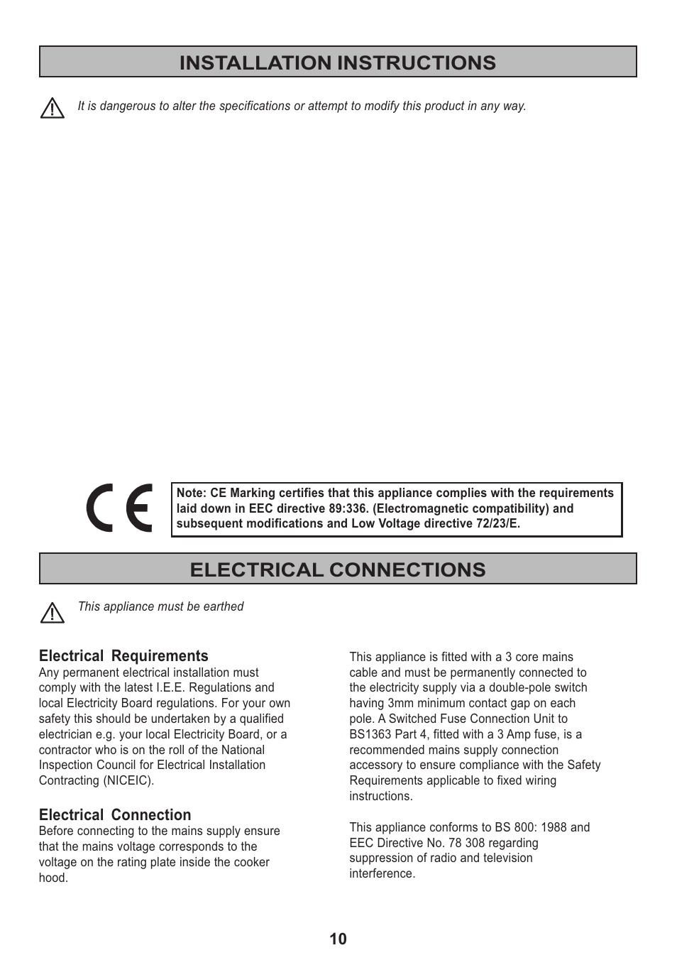 Installation instructions, Electrical connections, Electrical requirements | Electrical connection | Zanussi ZHC 913 User Manual | Page 10 / 20