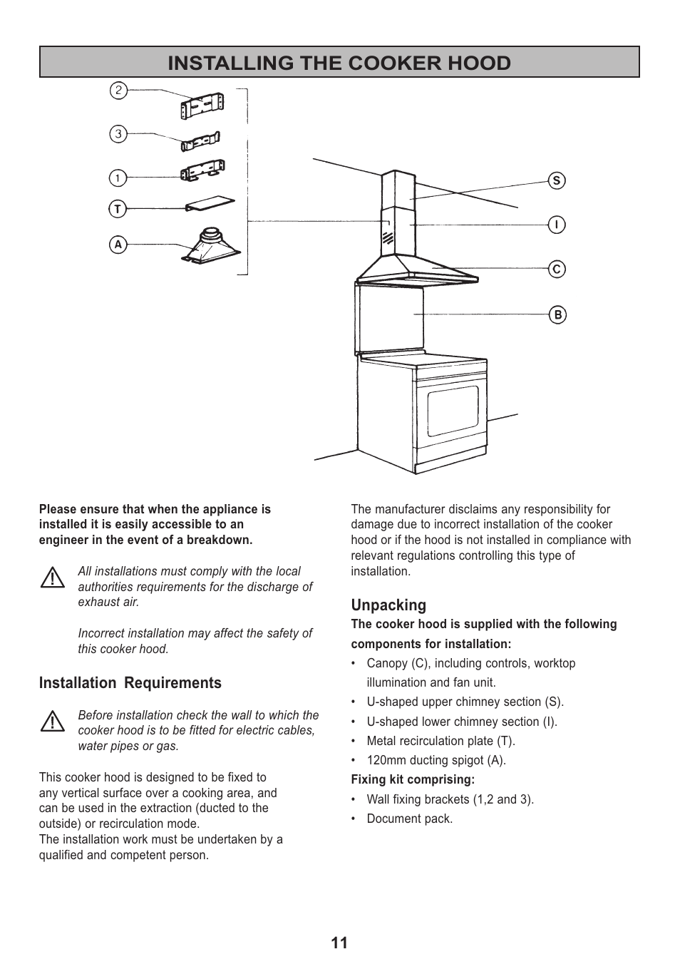 Installing the cooker hood | Zanussi ZHC 913 User Manual | Page 11 / 20