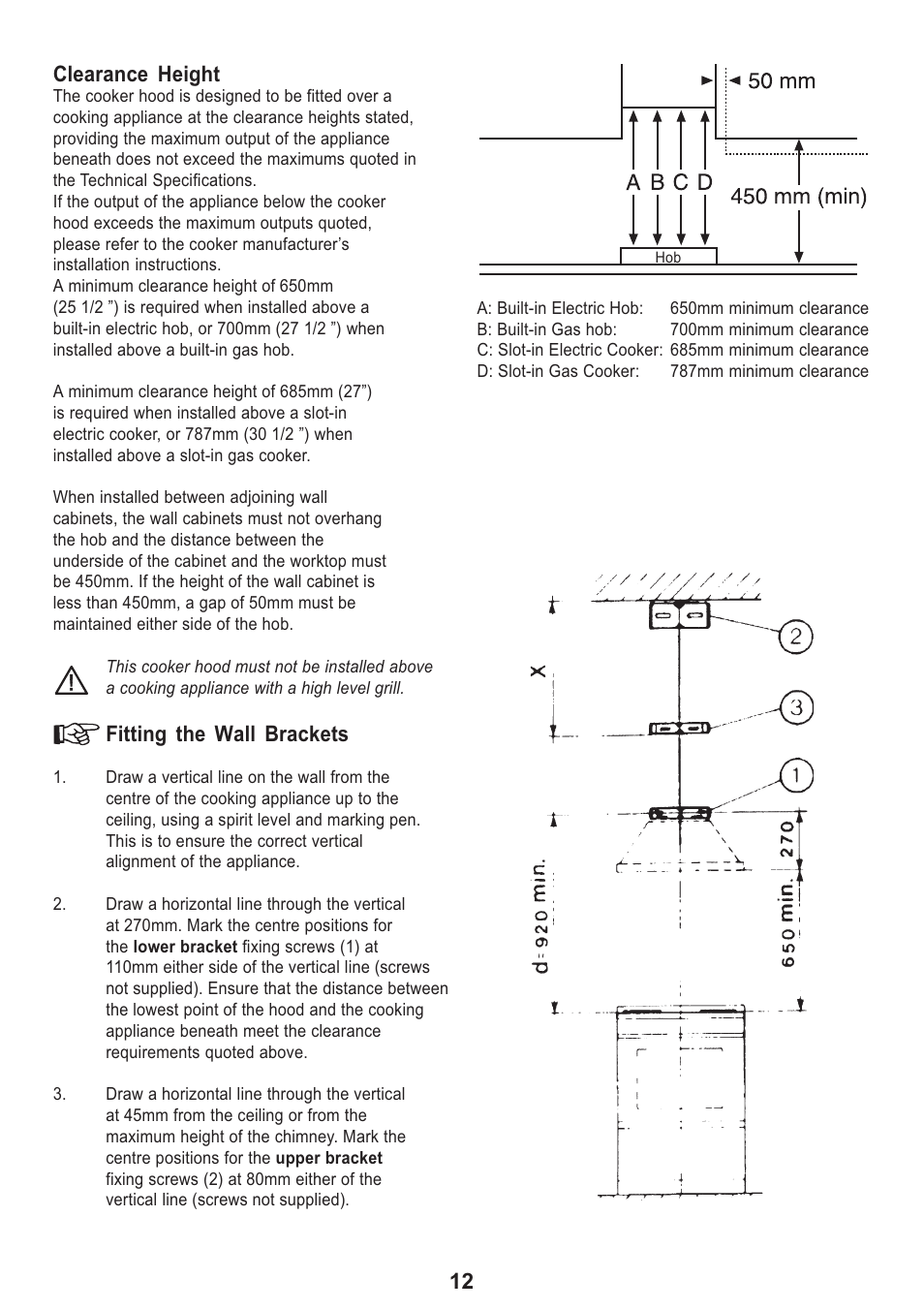 Clearance height, Fitting the wall brackets | Zanussi ZHC 913 User Manual | Page 12 / 20