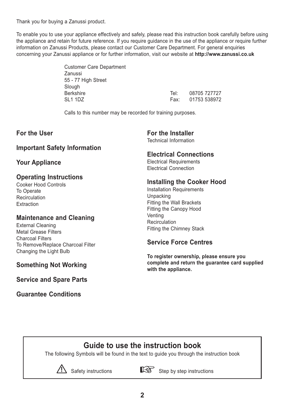 Guide to use the instruction book | Zanussi ZHC 913 User Manual | Page 2 / 20