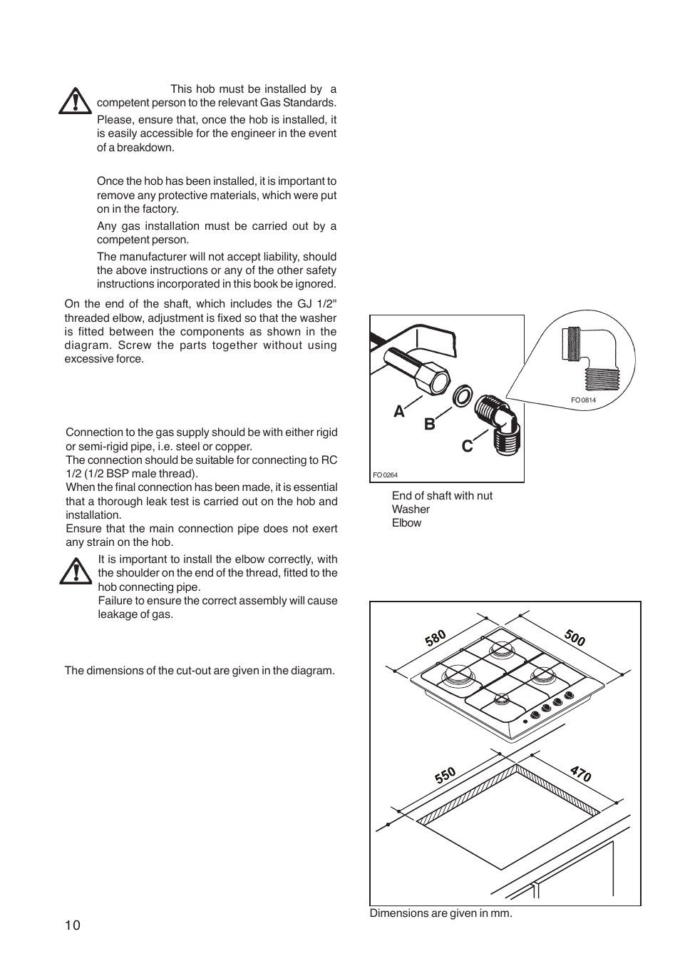 Installation, Gas connection, Cut out size | Zanussi ZGL 62 ITX User Manual | Page 10 / 20