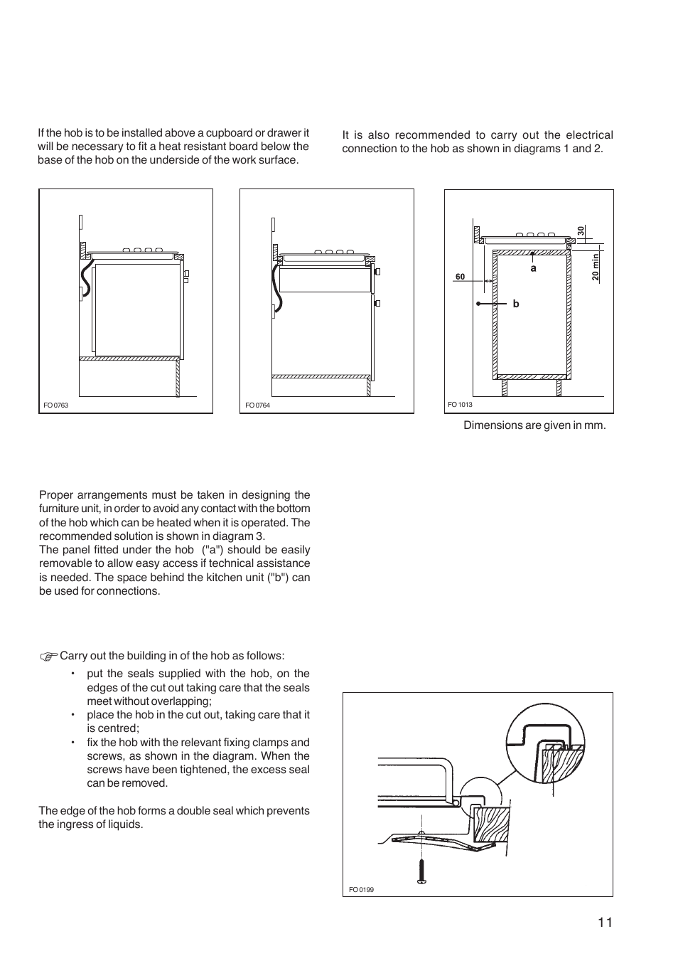 Building in, Fitting the hob into the worktop, Building over a cupboard or drawer | Building over a kitchen unit with door | Zanussi ZGL 62 ITX User Manual | Page 11 / 20