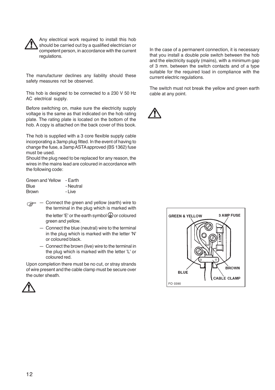 Electrical connections, Permanent connection | Zanussi ZGL 62 ITX User Manual | Page 12 / 20