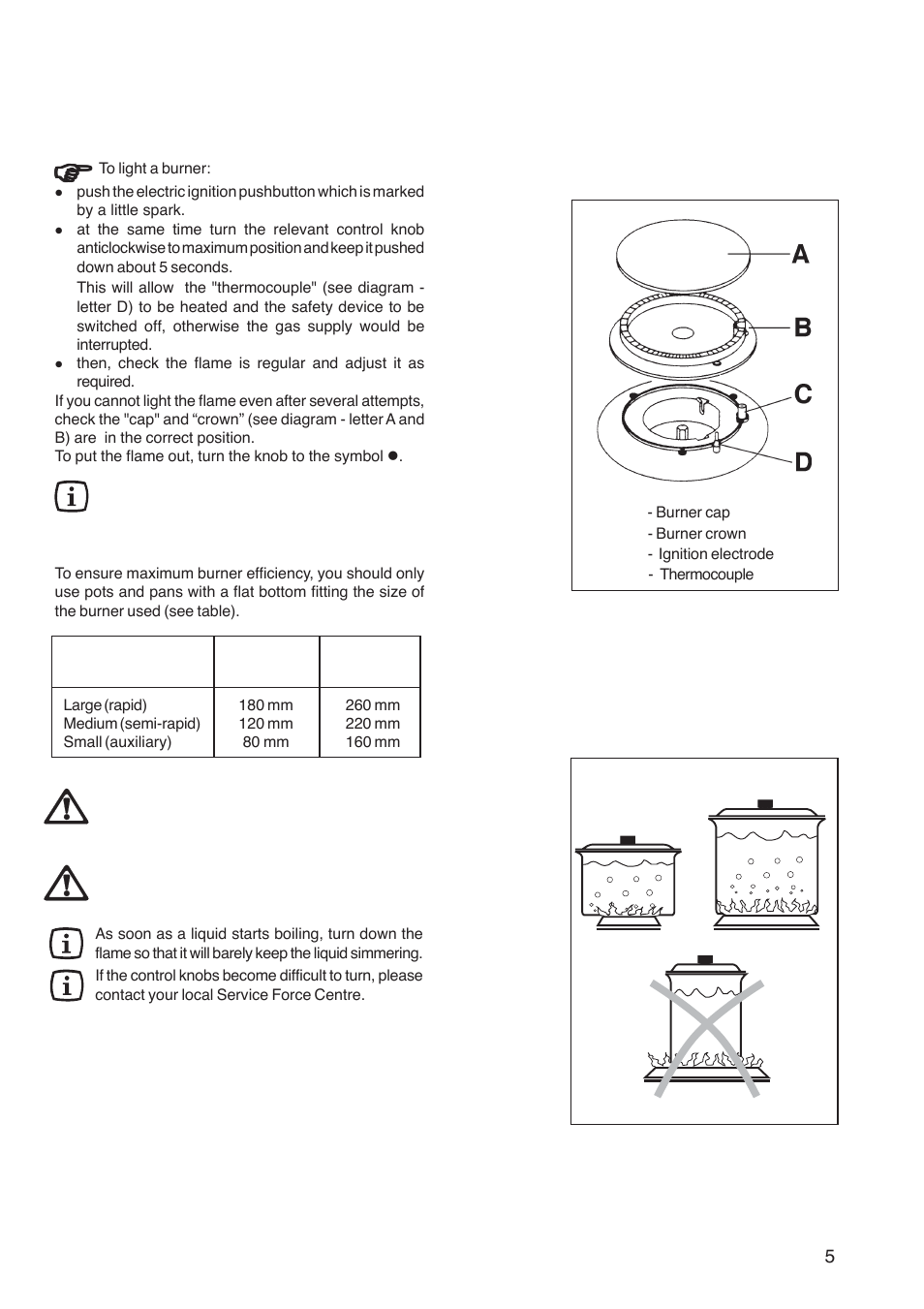 Operation, Hob burners | Zanussi ZGL 62 ITX User Manual | Page 5 / 20