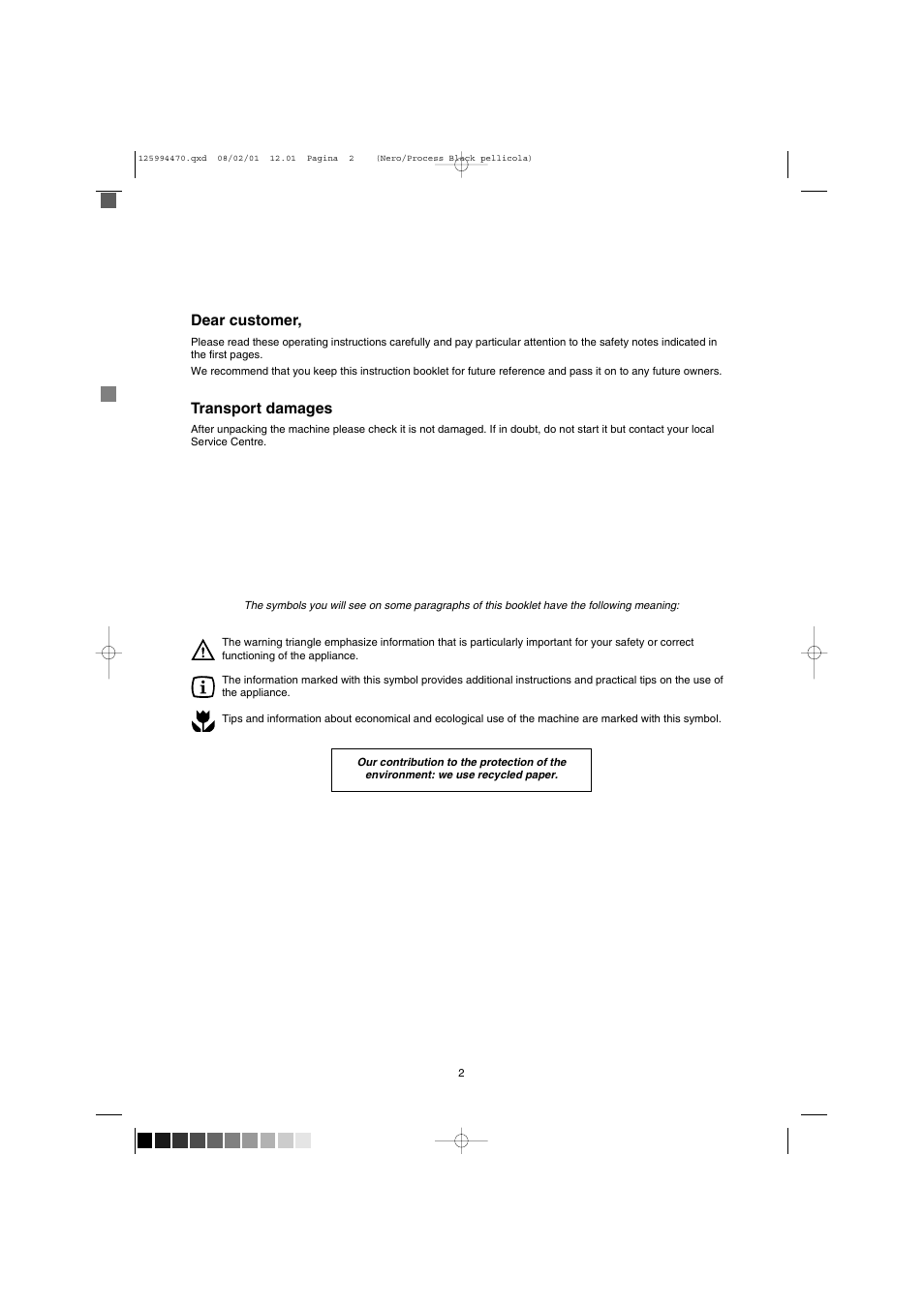 Dear customer, Transport damages | Zanussi TD 4212 User Manual | Page 2 / 14