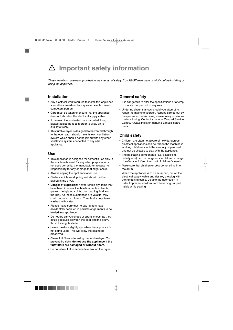 Important safety information | Zanussi TD 4212 User Manual | Page 4 / 14