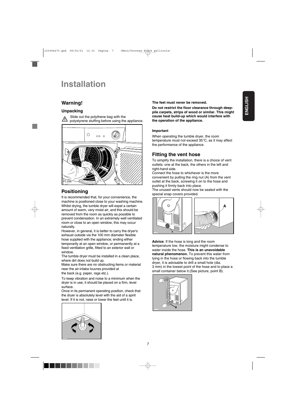 Installation, Warning, Positioning | Fitting the vent hose | Zanussi TD 4212 User Manual | Page 7 / 14