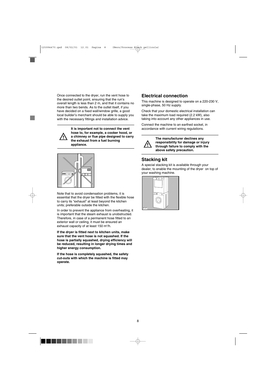Electrical connection, Stacking kit | Zanussi TD 4212 User Manual | Page 8 / 14