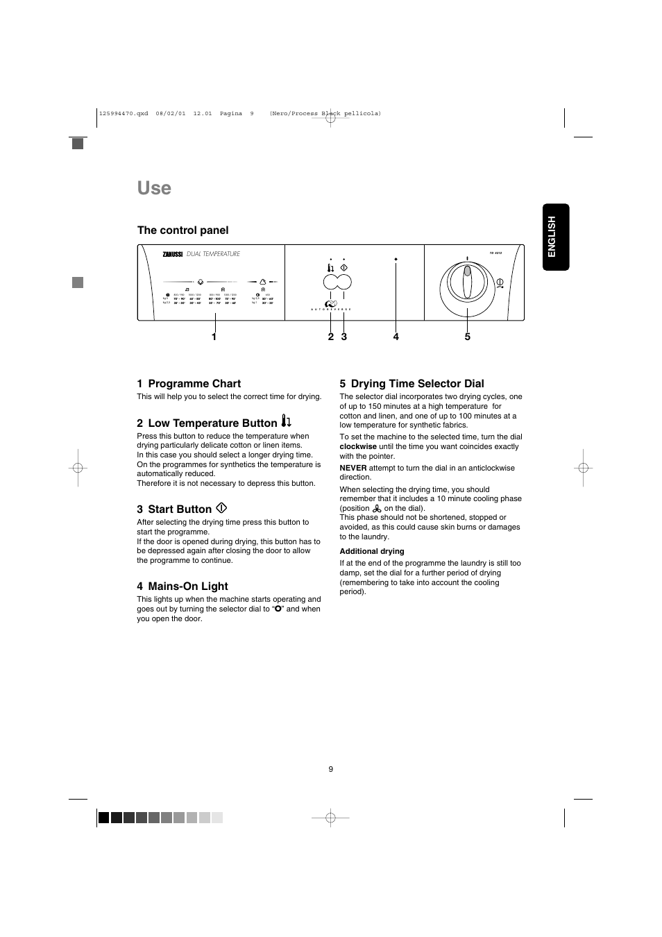 The control panel, 1 programme chart, 2 low temperature button | 3 start button, 4 mains-on light, 5 drying time selector dial | Zanussi TD 4212 User Manual | Page 9 / 14