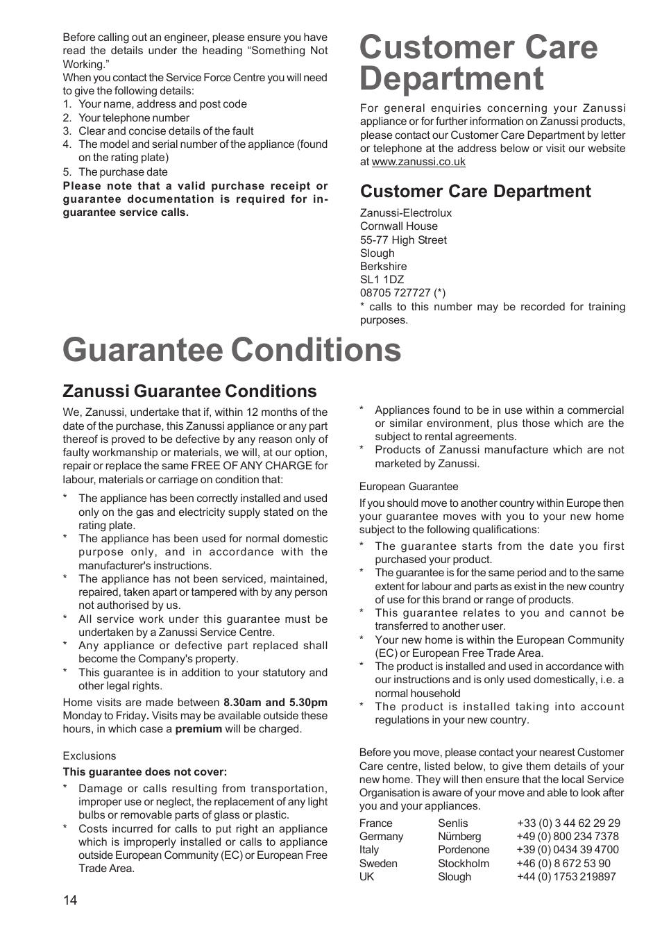 Customer care department guarantee conditions, Zanussi guarantee conditions, Customer care department | Zanussi ZCM 640 ZCM 641 User Manual | Page 14 / 20