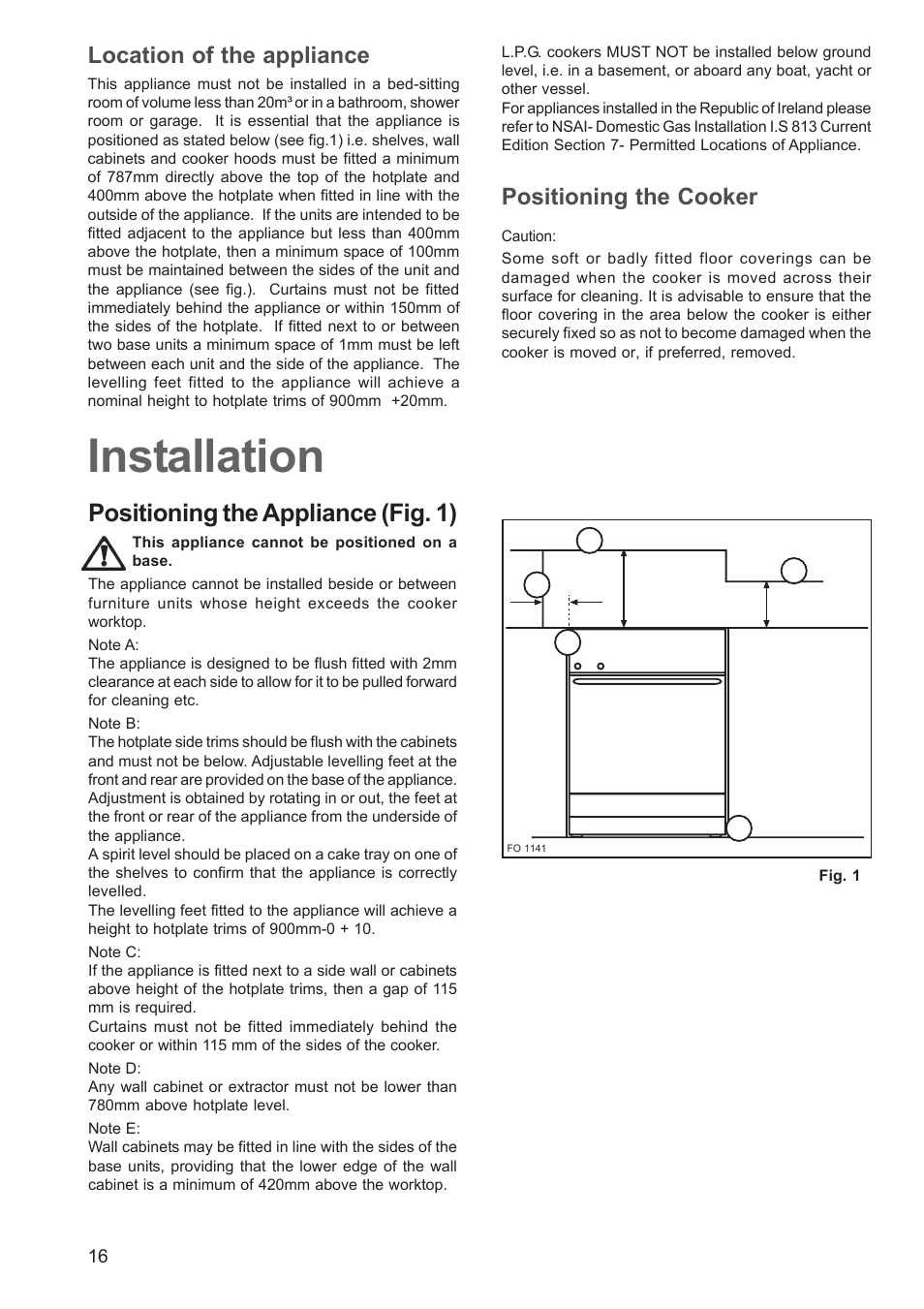 Installation, Positioning the appliance (fig. 1), Location of the appliance | Positioning the cooker | Zanussi ZCM 640 ZCM 641 User Manual | Page 16 / 20