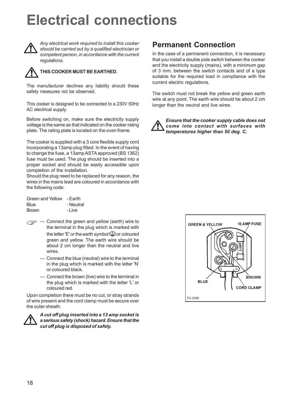 Electrical connections, Permanent connection | Zanussi ZCM 640 ZCM 641 User Manual | Page 18 / 20