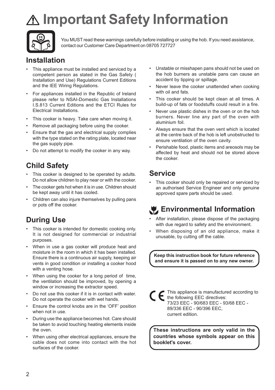 Important safety information, Installation, Child safety | During use, Service, Environmental information | Zanussi ZCM 640 ZCM 641 User Manual | Page 2 / 20