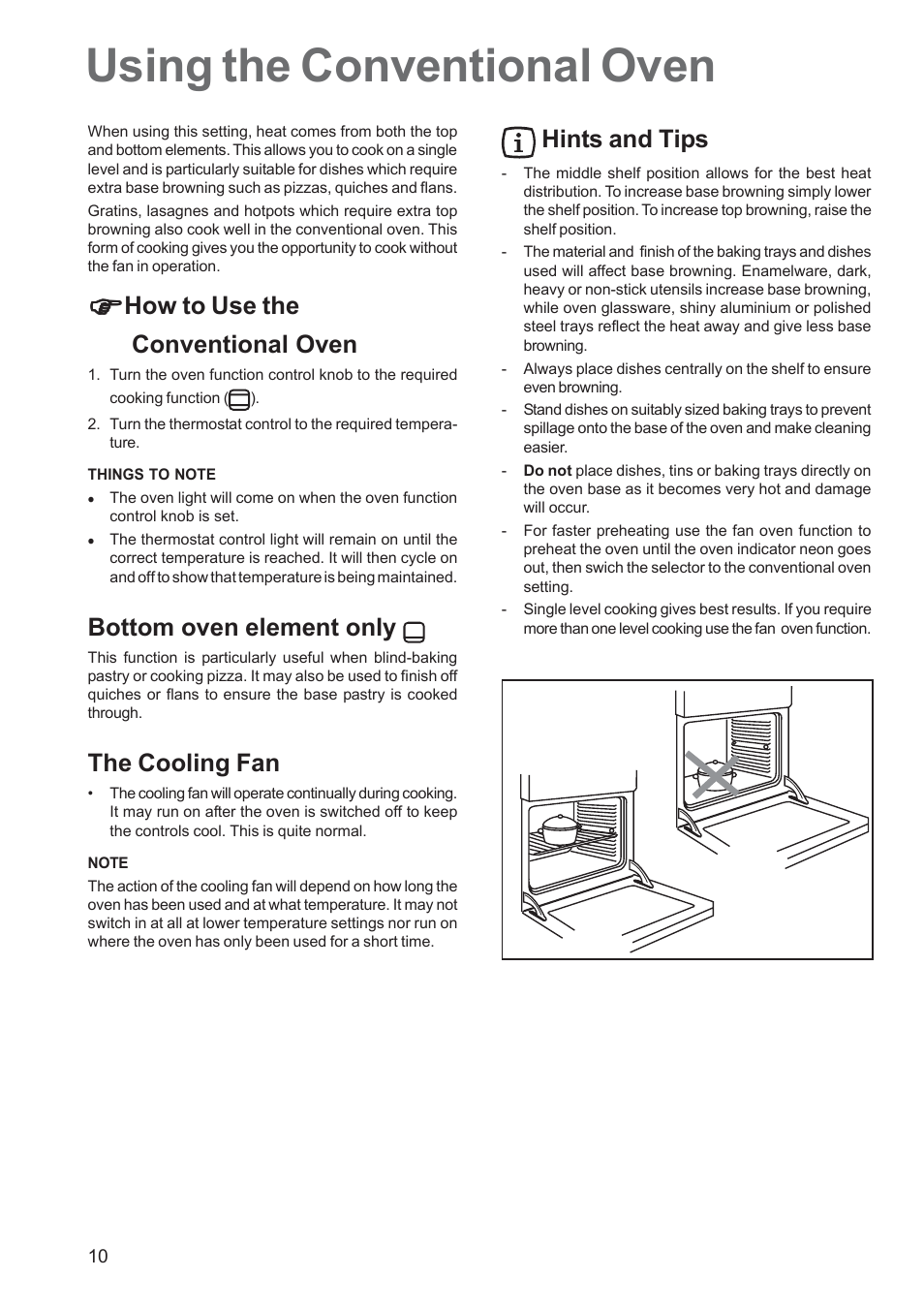 Using the conventional oven, How to use the conventional oven, Bottom oven element only | The cooling fan, Hints and tips | Zanussi ZBS 663 User Manual | Page 10 / 24