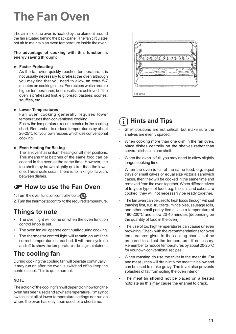 The fan oven, How to use the fan oven, The cooling fan | Hints and tips | Zanussi ZBS 663 User Manual | Page 11 / 24