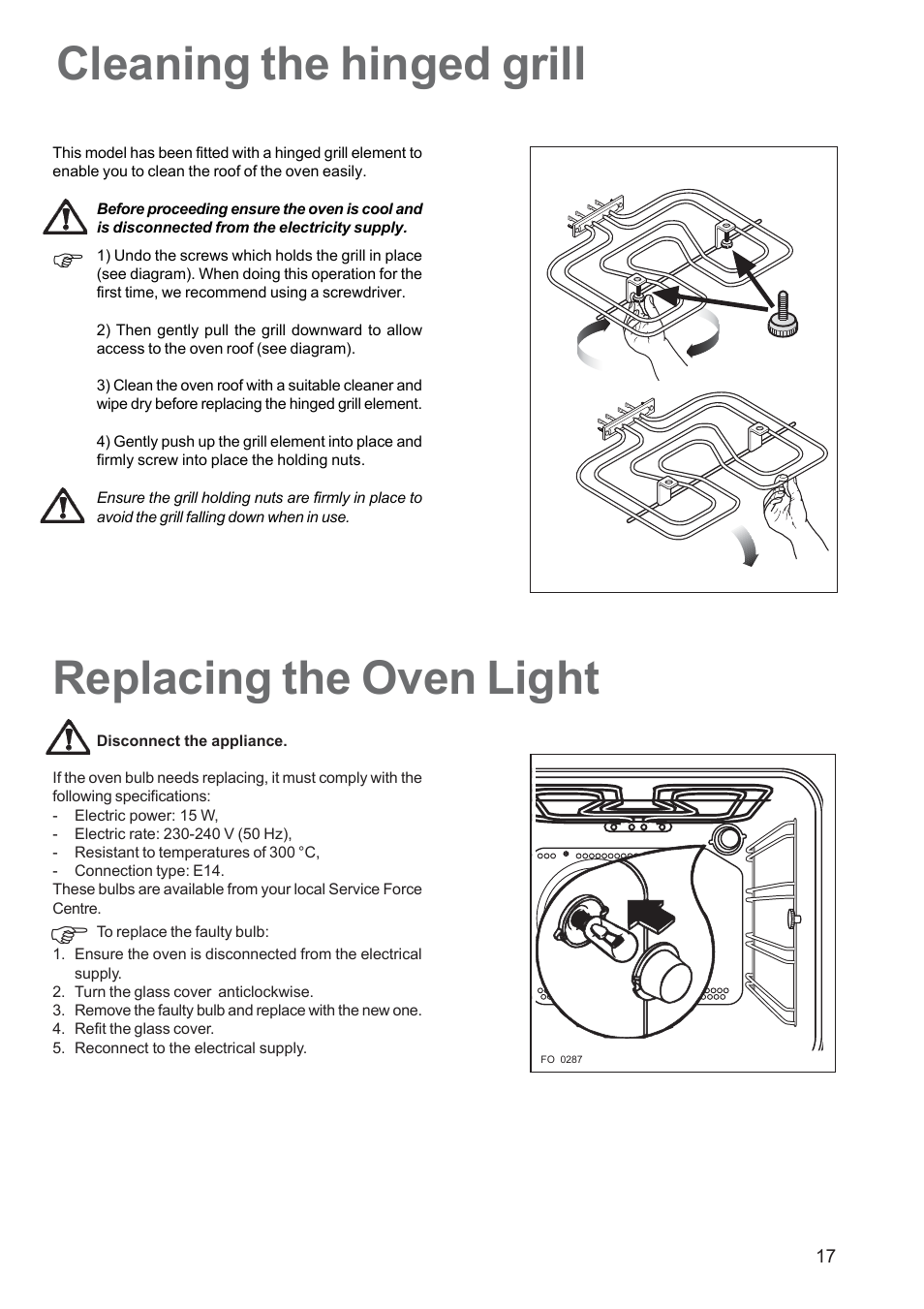 Replacing the oven light, Cleaning the hinged grill | Zanussi ZBS 663 User Manual | Page 17 / 24