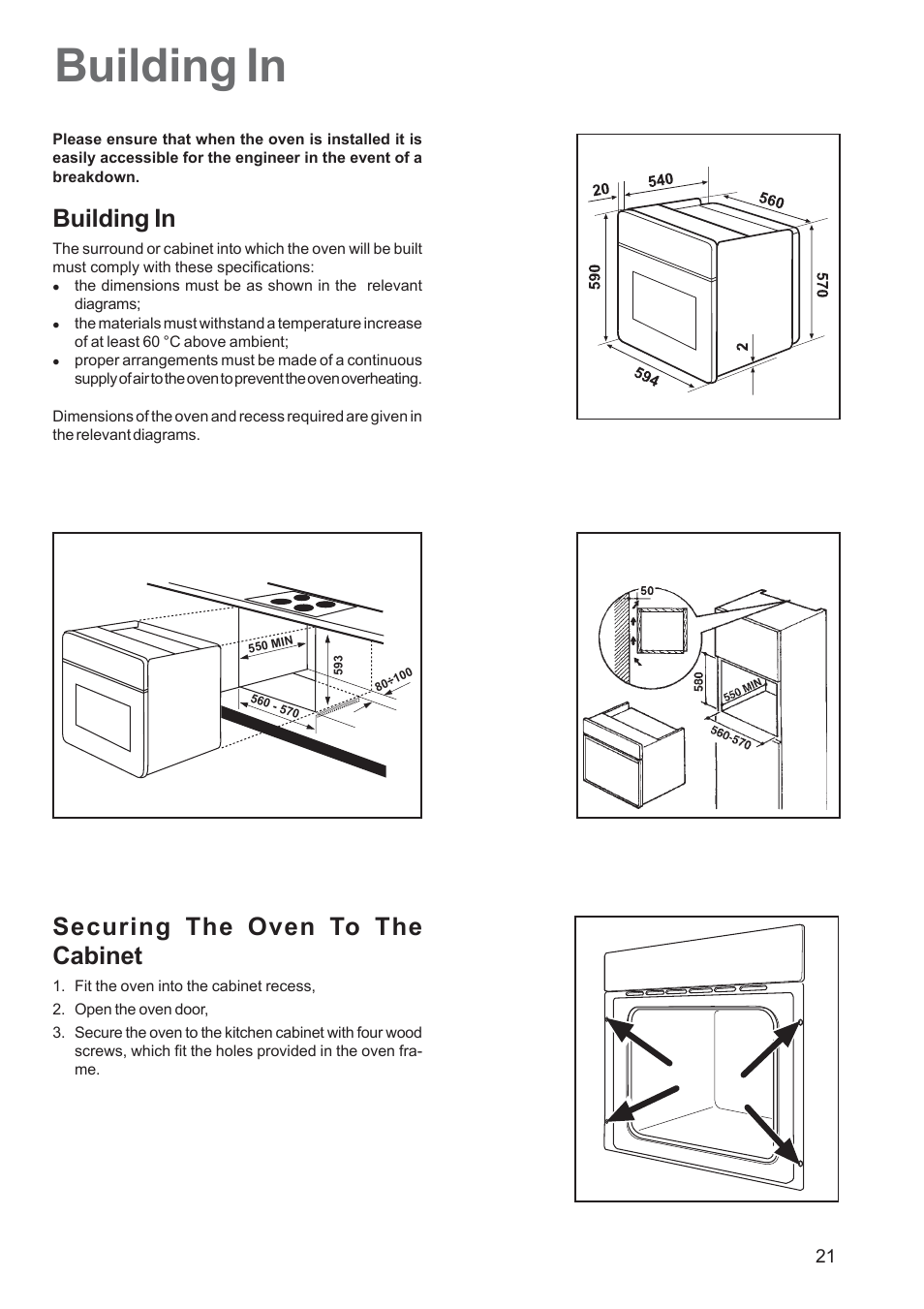 Building in, Securing the oven to the cabinet | Zanussi ZBS 663 User Manual | Page 21 / 24