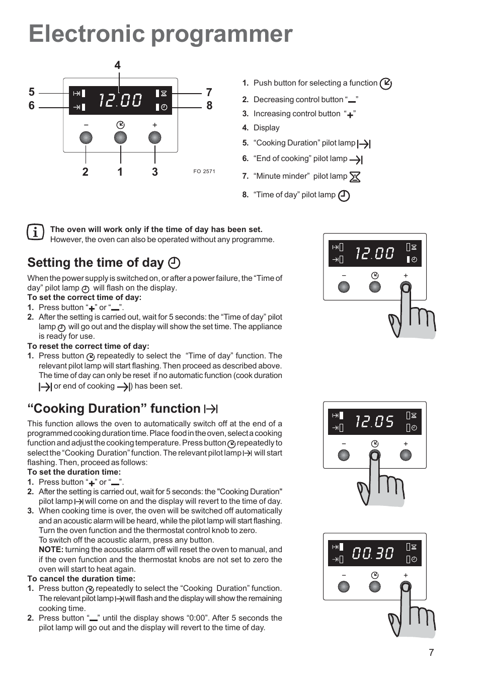 Electronic programmer, Setting the time of day, Cooking duration” function | Zanussi ZBS 663 User Manual | Page 7 / 24
