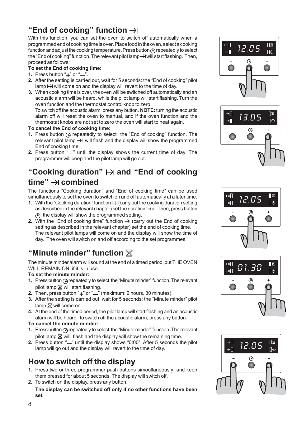 End of cooking” function, Cooking duration, And “end of cooking time” combined | Minute minder” function, How to switch off the display | Zanussi ZBS 663 User Manual | Page 8 / 24